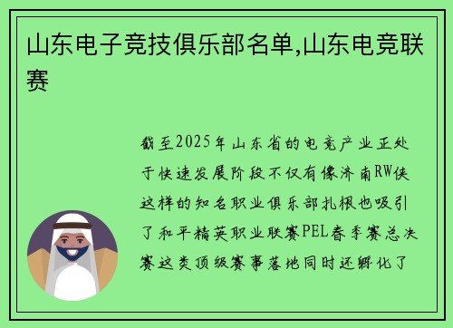 山东电子竞技俱乐部名单,山东电竞联赛