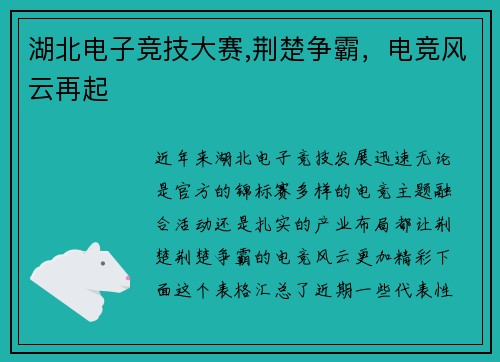 湖北电子竞技大赛,荆楚争霸，电竞风云再起